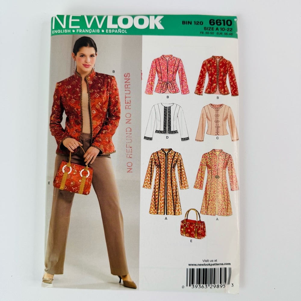 New Look Sewing Pattern Womens Size A 10-22  Jacket Bag Tops 6610